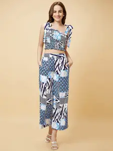 Globus Blue Geometric Printed Shoulder Straps Top With Palazzos
