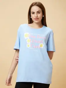 Globus Blue Typography Printed Drop-Shoulder Sleeves Pure Cotton Boxy T-shirt