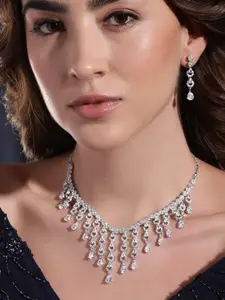 Rubans RATNAVALI JEWELS Rhodium-Plated Cubic Zirconia Studded Necklace and Earrings