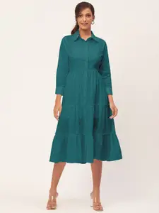Moomaya Shirt Collar Tiered Cotton Shirt Style Dress