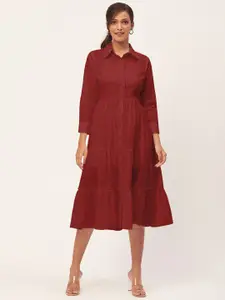 Moomaya Shirt Collar Tiered Cotton Shirt Style Dress