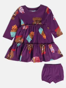 MINI KLUB Conversational Printed Gathered Pure Cotton A-Line Dress With Shorts