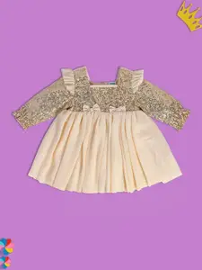 MINI KLUB Square Neck Sequinned Pure Cotton A-Line Dress