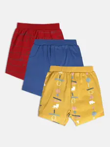 MINI KLUB Boys Pack Of 3 Printed Regular Fit Mid-Rise Pure Cotton Shorts