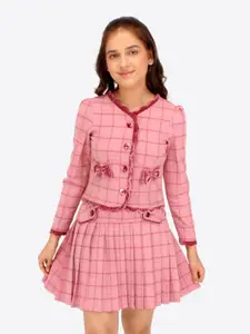 CUTECUMBER Girls Checked V-Neck Coat With Skirt