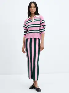 MANGO Striped Knitted Straight Midi Skirt