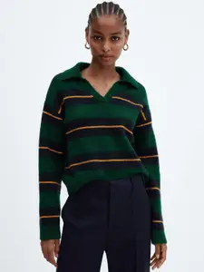 MANGO Notched Polo Collar Striped Pullover