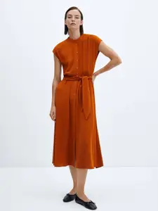 MANGO Band Collar Extended Sleeves Belted Shirt Style Midi Dress