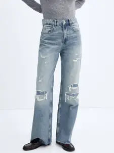 MANGO Women Wide Leg Mildly Distressed Light Fade Pure Cotton Jeans