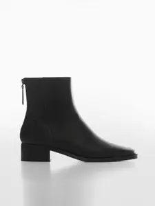 MANGO Women Round-Toe Mid-Top Leather Block Heel Boots