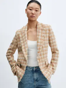 MANGO Checked Pattern Notched Lapel Collar Single-Breasted Tweed Smart Casual Blazer