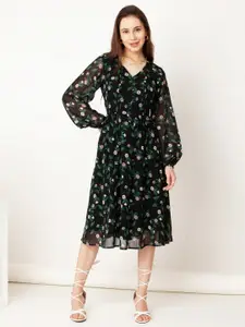 Zink London Floral Print Puff Sleeve Fit & Flare Midi Dress