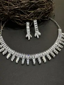 ASMITTA JEWELLERY Rhodium-Plated American Diamond-Studded Necklace & Earrrings