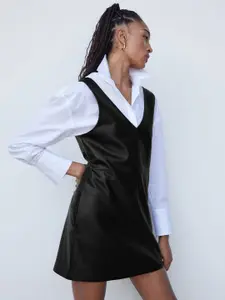 MANGO Faux-Leather Sleeveless Pinafore Mini Dress