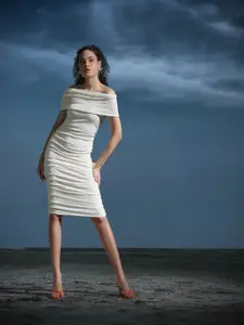 MANGO Off-Shoulder Ruched Bodycon Midi Dress