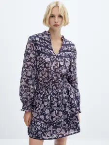MANGO Floral Print Puff Sleeves Ruffle Detailed Pure Cotton A-Line Dress