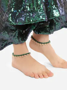 Zaveri Pearls Zaveri Set Of 2 Gold-Plated Crystal Kundan-Studded & Pearl Beaded Anklets