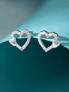 Rubans Silver 925 Sterling Silver Rhodium-Plated Stone-Studded Heart Shaped Studs Earrings