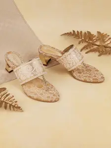 Metro Embroidered Open Toe Block Heels