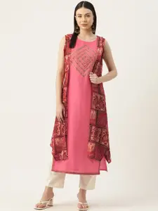 Rue Collection Geometric Embroidered Mirror Work Kurta with Shrug