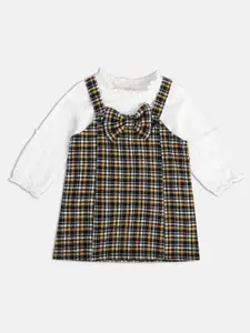 MINI KLUB Girls Pure Cotton Checked Shoulder Straps Pinafore Dress Comes With A Top