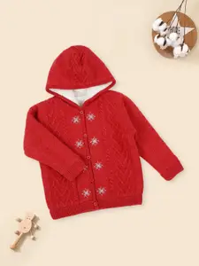 MeeMee Boys Self Design Hooded Front-Open Sweater with Embroidered