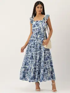 DressBerry Floral Printed Square Neck Ruffled Tiered Georgette Maxi Fit & Flare Dress
