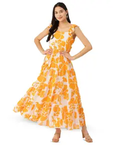 DressBerry Yellow Floral Printed Flutter Sleeves Georgette Tiered Gathered Maxi Dress