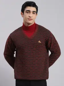 Monte Carlo Geometric Printed V-Neck Long Sleeves Woollen Pullover Sweater