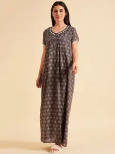Sweet Dreams Grey Floral Printed Pure Cotton Maxi Nightdress