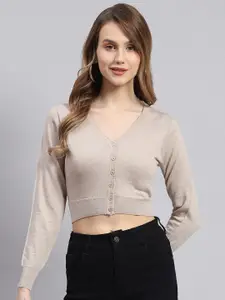 Monte Carlo V-Neck Long Sleeves Pure Wool Crop Cardigan Sweater