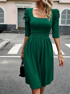 StyleCast Green Square Neck Puff Sleeve Fit & Flare Dress