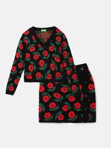 United Colors of Benetton Girls Floral Woven Design Sweatshirt and Skirt