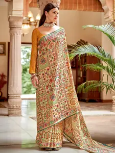 Saree mall Beige & Gold-Toned Ethnic Motifs Printed Zari Pure Silk Sarees