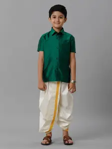 Ramraj Boys Shirt Collar Short Sleeves Silk Cotton Shirt & Dhoti Pants