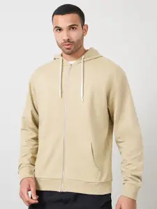 Styli Beige Relaxed Fit Contrast Drawcord Hooded Front-Open Sweatshirt
