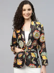 DEEBACO Floral Printed Notched Lapel Collar Velvet Single-Breasted Blazer