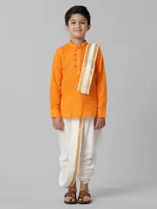 Ramraj Boys Mandarin Collar Kurta With Dhoti Pant & Angavastram