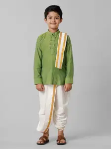 Ramraj Boys Mandarin Collar Kurta & Dhoti Pants With Angavastram
