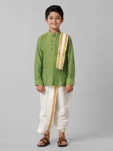 Ramraj Boys Striped Mandarin Collar Kurta & Panchakacham With Angavastram
