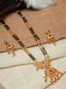 GRIIHAM Gold-Plated Stone-Studded &  Beaded Mangalsutra With Earrings