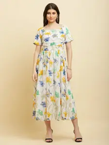 HELLO DESIGN Floral Printed Georgette Pleated Fit & Flare Midi Dress