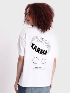 Bewakoof White & Black Typography Printed Drop-Shoulder Sleeves Oversized Cotton T-shirt