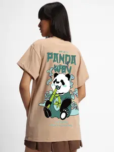 Bewakoof Panda Printed Drop-Shoulder Sleeves Cotton Longline Relaxed Fit T-Shirt