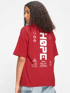 Bewakoof Typography Printed Drop-Shoulder Sleeves Cotton Oversized T-shirt