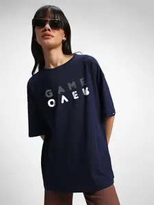 Bewakoof Typography Printed Drop-Shoulder Sleeves Oversized Cotton T-shirt
