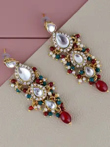 LUCKY JEWELLERY Gold-Plated Contemporary Kundan Studded Drop Earrings
