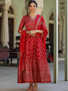SCAKHI Foli Printed V-Neck Silk Fit & Flared Maxi Dress With Dupatta