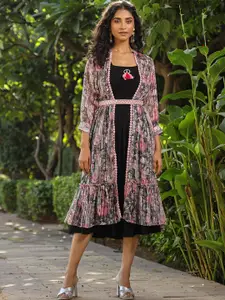 SCAKHI Floral Printed Smoking Cuffed Sleeves Ethnic Dress With Shrug And Belt