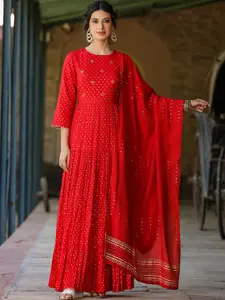 SCAKHI Embellished Fit & Flare Tiered Cotton Jacquard Maxi Ethnic Dress With Dupatta